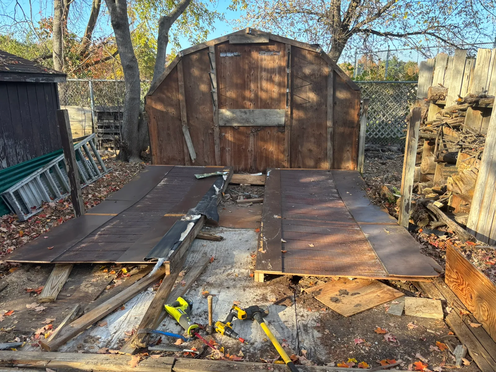 South Lyon shed during demolition with wall panels taken down